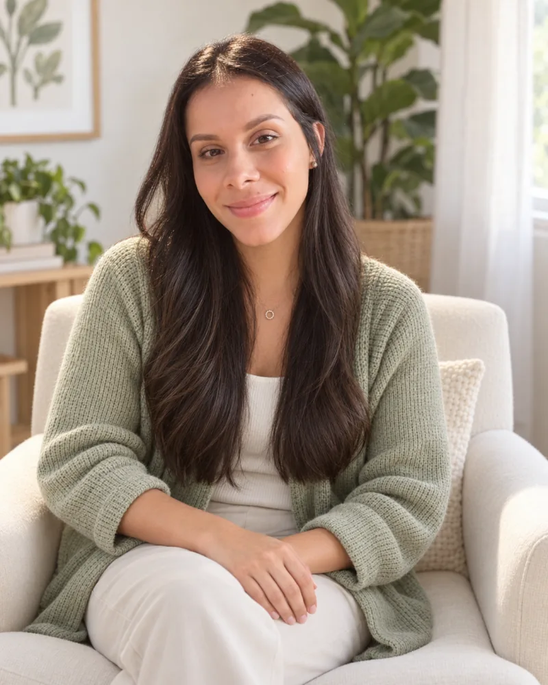 Daniela Duarte seated in an armchair, smiling